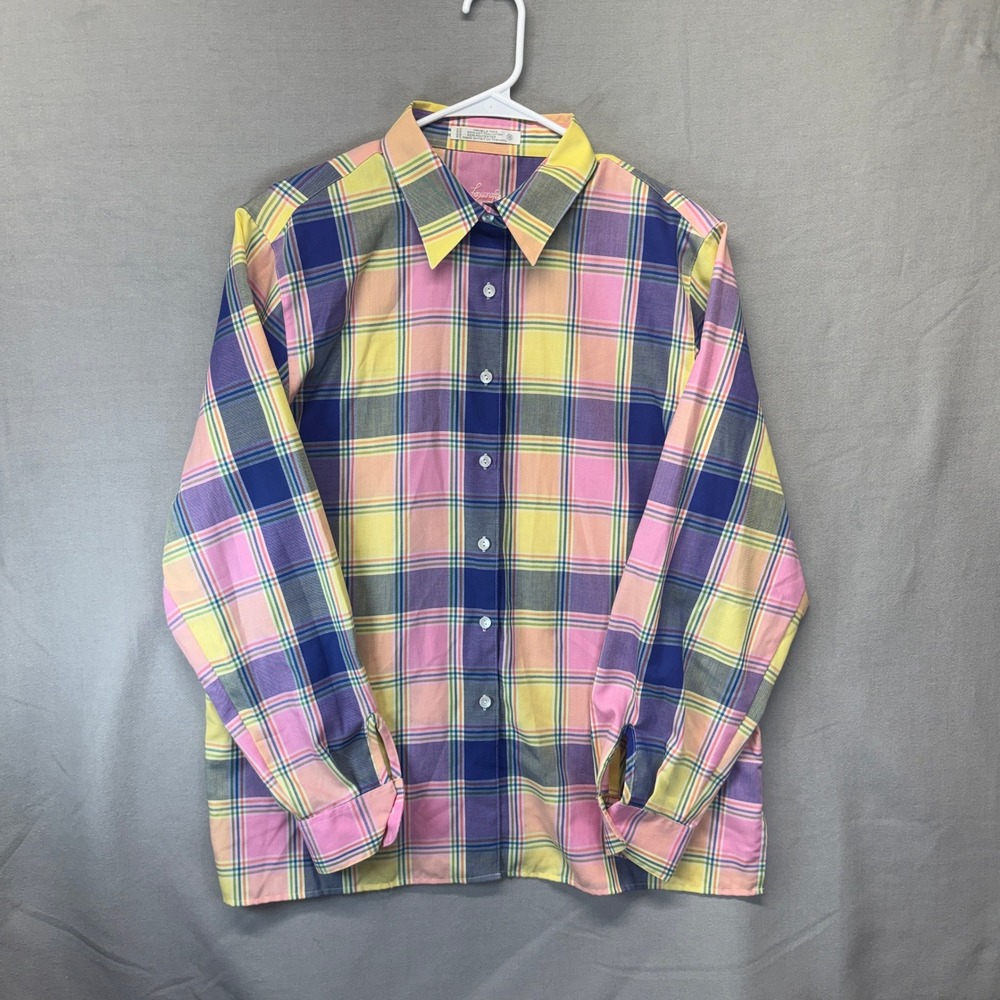 VTG 90s Foxcroft Button Down Shirt Womens 16 Pink Plaid Wrinkle Free Long Sleeve